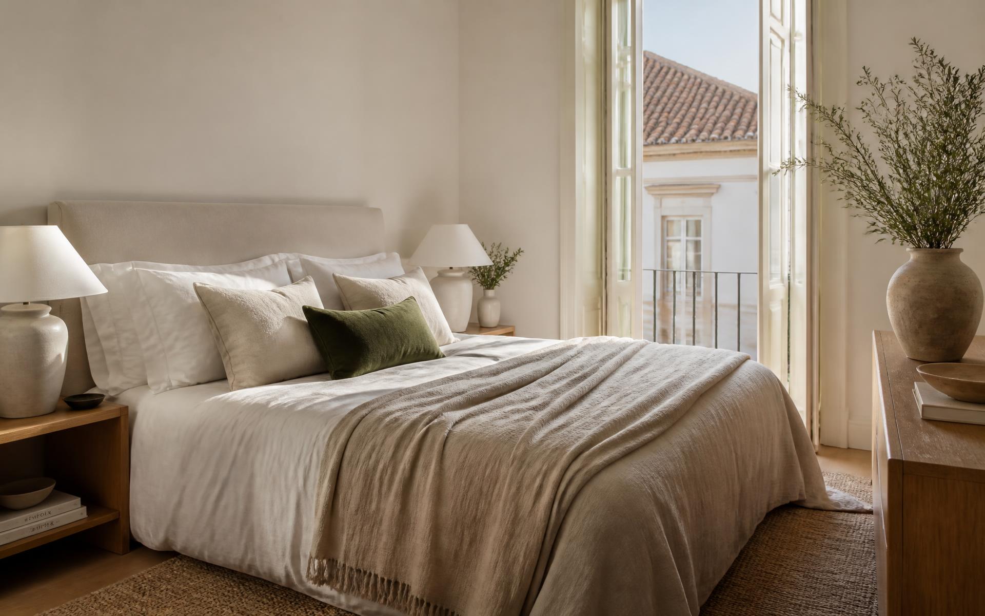 Quarto moderno com roupa de cama elegante em tons de bege e branco